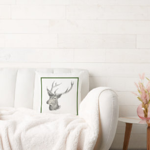 Deer Buck Head with Antlers Black and White Art Cushion