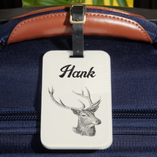 Deer Buck Head with Antlers Black and White Art Luggage Tag