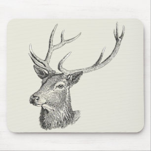 Deer Buck Head with Antlers Black and White Art Mouse Mat