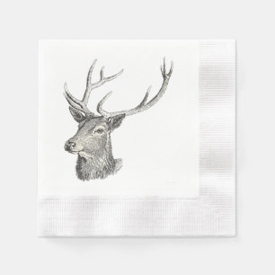 Deer Buck Head with Antlers Black and White Art Napkin