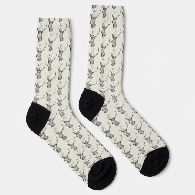 Deer Buck Head with Antlers Black and White Art Socks (Right)