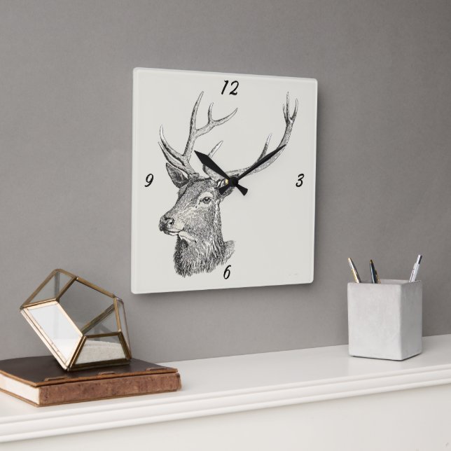 Deer Buck Head with Antlers Black and White Art Square Wall Clock (Office)