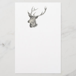 Deer Buck Head with Antlers Black and White Art Stationery