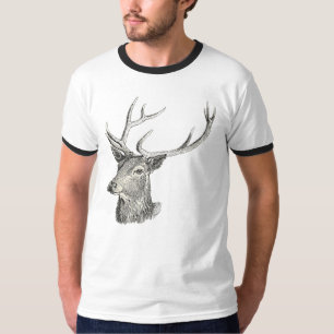 Deer Buck Head with Antlers Black and White Art T-Shirt