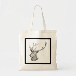 Deer Buck Head with Antlers Black and White Art Tote Bag