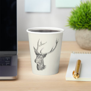 Deer Buck Head with Antlers Hunting Drawing Paper Cups