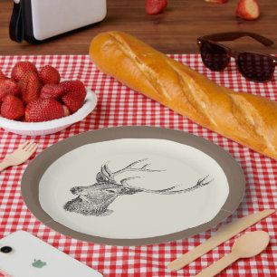 Deer Buck Head with Antlers Hunting Drawing Paper Plate