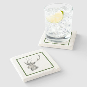 Deer Buck Head with Antlers Hunting Drawing Stone Coaster