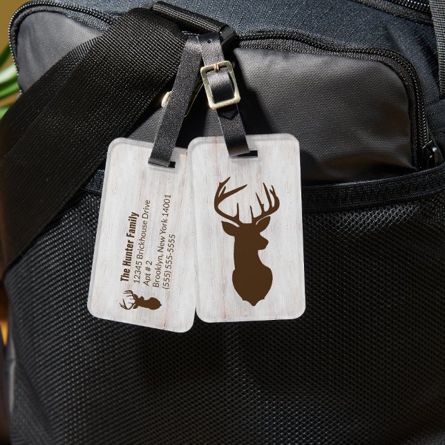 Deer Buck Hunter Rustic Custom Luggage Tag (Brown Buck Silhouette Custom Luggage Tags)