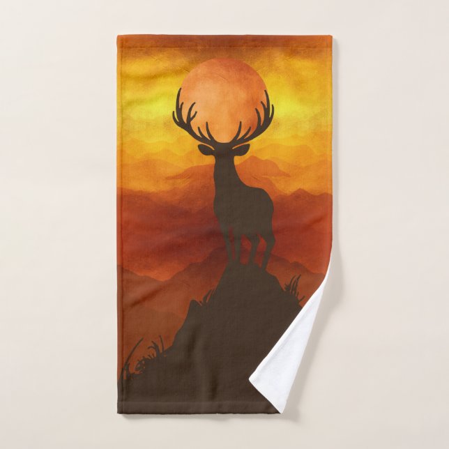 Deer Buck on top of Mountain with sunset Bath Towel Set (Hand Towel)
