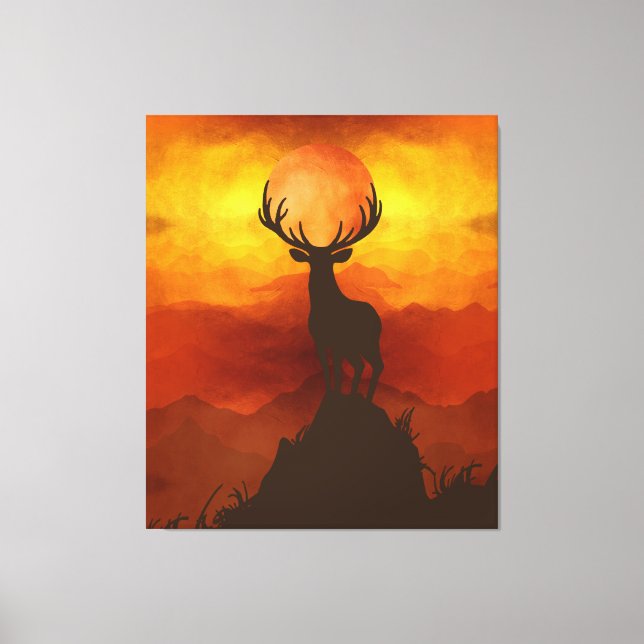 Deer Buck on top of Mountain with sunset Canvas Print (Front)