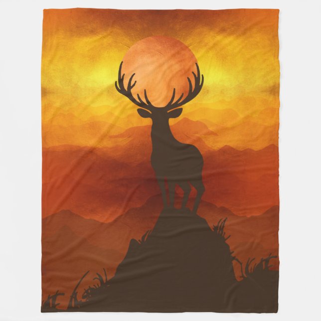 Deer Buck on top of Mountain with sunset Fleece Blanket (Front)