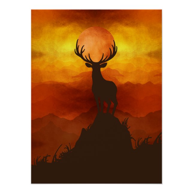 Deer Buck on top of Mountain with sunset Poster (Front)
