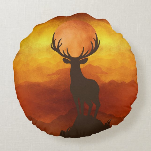 Deer Buck on top of Mountain with sunset Round Cushion (Back)