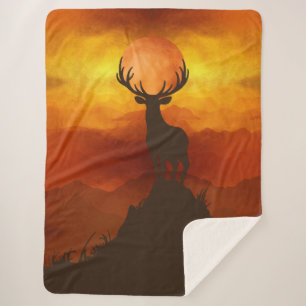 Deer Buck on top of Mountain with sunset Sherpa Blanket