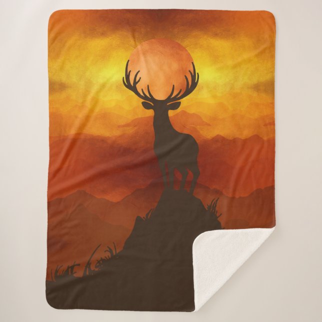 Deer Buck on top of Mountain with sunset Sherpa Blanket (Front)