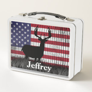 Deer Buck over American Flag Patriotic Metal Lunch Box