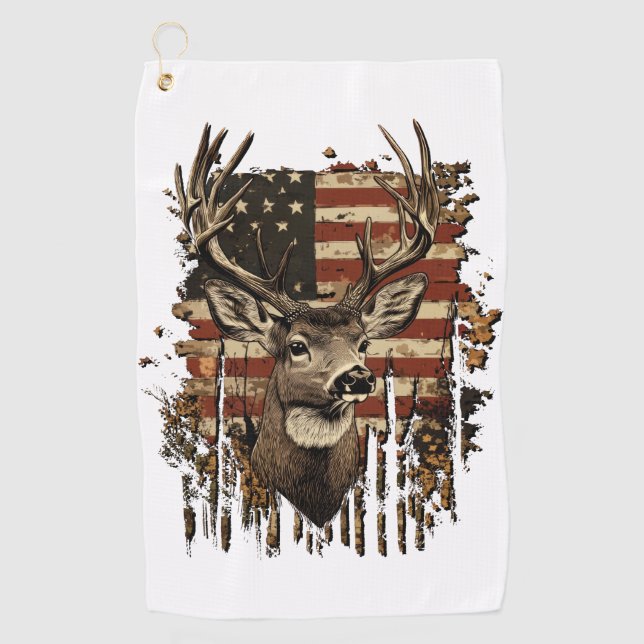 Deer, Buck Season USA Flag Golf Towel (Front)