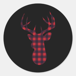 Deer Buck Silhouette Red Plaid Matching Christmas Classic Round Sticker