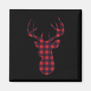 Deer Buck Silhouette Red Plaid Matching Christmas Magnet