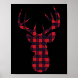Deer Buck Silhouette Red Plaid Matching Christmas  Poster