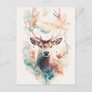 Deer Buck with Autumn Leaf and Blue Moon Postcard