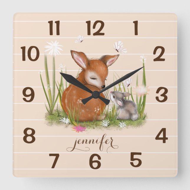 Deer Bunny Butterfly Square Wall Clock (Front)