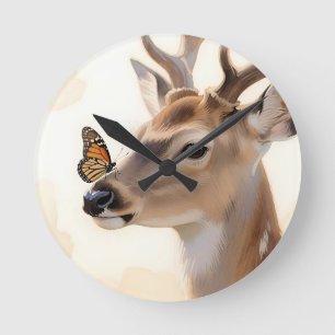Deer Butterfly Watercolor Round Clock