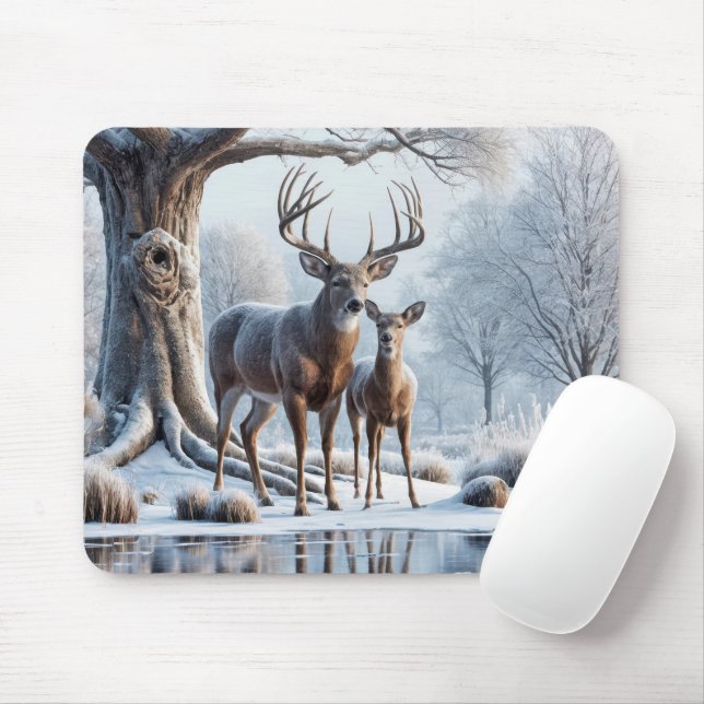 Deer By Icy Pond Mouse Mat (With Mouse)