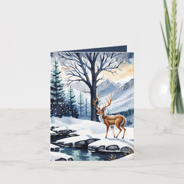 Deer by the Snowy Lake Folded Christmas Card (Front)