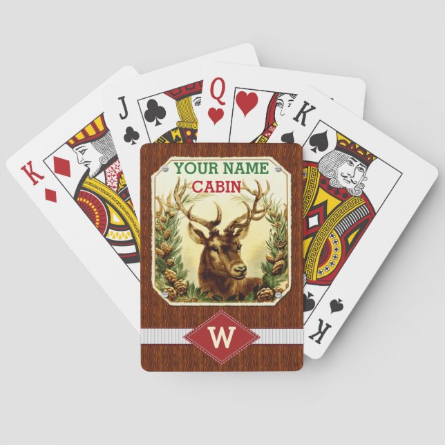 Deer Cabin Personalised Monogram with Wood Grain Playing Cards (Back)