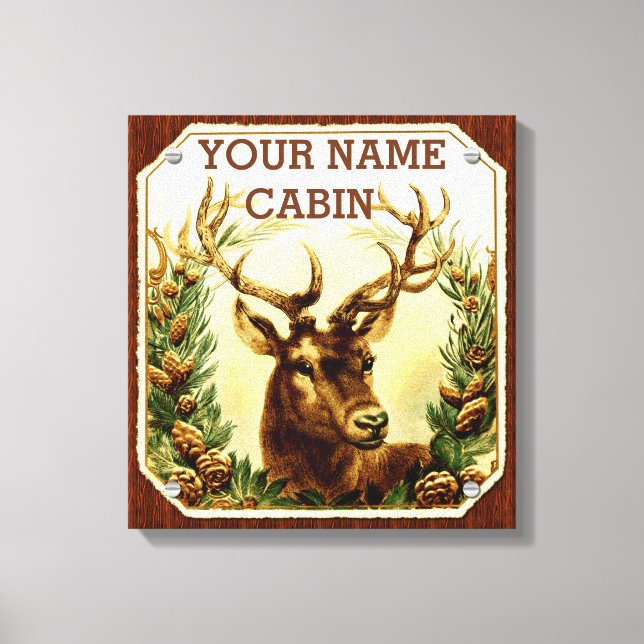 Deer Cabin Personalised with Wood Grain Canvas Print (Front)