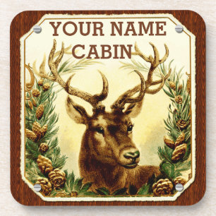 Deer Cabin Personalised with Wood Grain Coaster