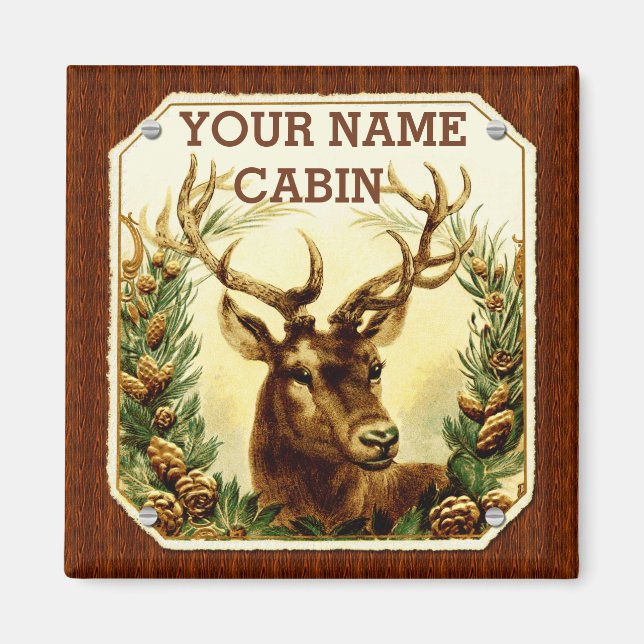 Deer Cabin Personalised with Wood Grain Magnet (Front)