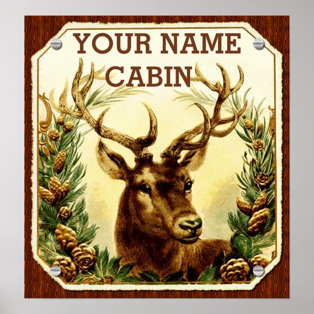 Deer Cabin Personalised with Wood Grain Poster (Front)