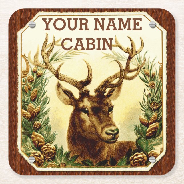 Deer Cabin Personalised with Wood Grain Square Paper Coaster (Front)