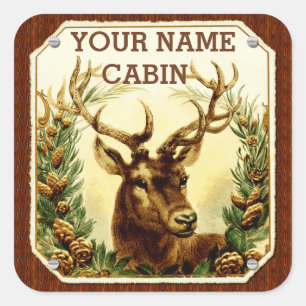 Deer Cabin Personalised with Wood Grain Square Sticker