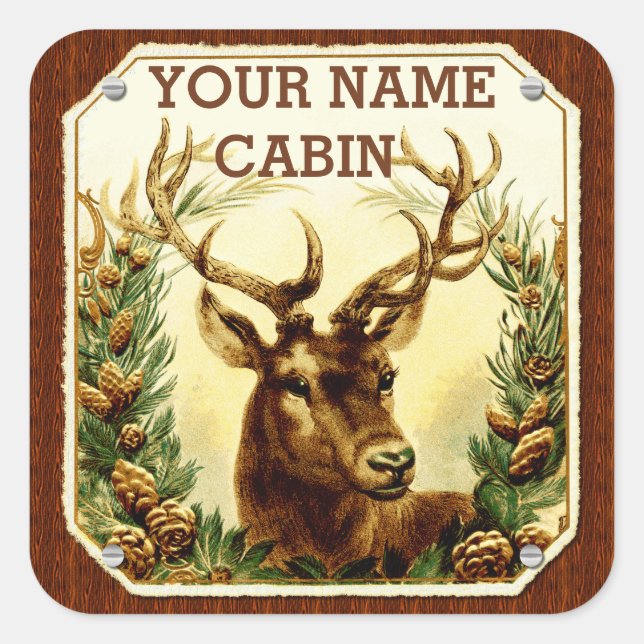 Deer Cabin Personalised with Wood Grain Square Sticker (Front)