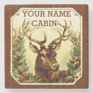 Deer Cabin Personalised with Wood Grain Stone Coaster