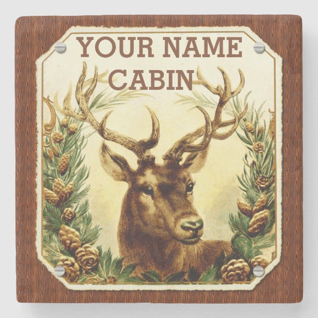 Deer Cabin Personalised with Wood Grain Stone Coaster (Front)