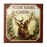Deer Cabin Personalised with Wood Grain Tile<br><div class="desc">This rustic country tile coaster is perfect for adding a personalised touch to your cabin, lodge or home that features nature / animal decor. It shows a vintage image of a buck deer / reindeer with large antlers, recolored to add brightness and clarity, nestled between pine tree boughs. The background...</div>