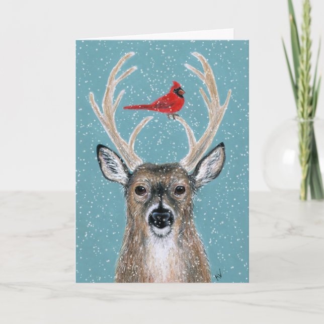Deer, cardinal, snow, any occasion, birthday card (Front)