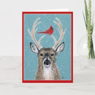 Deer, Cardinal, Snow, Christmas Holiday card