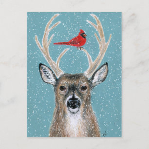 Deer, cardinal, snow, Christmas winter postcard