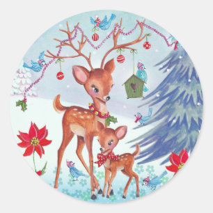 Deer Christmas Birds   Holiday Greeting card Classic Round Sticker
