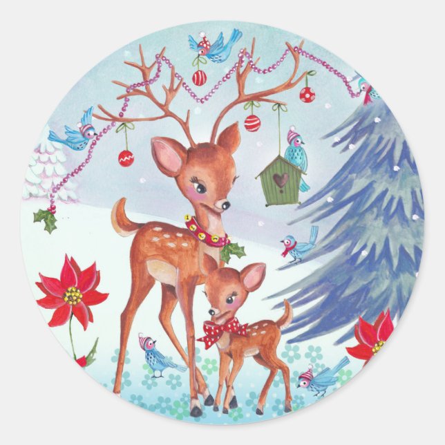 Deer Christmas Birds | Holiday Greeting card Classic Round Sticker (Front)