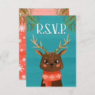 Deer Christmas Blue Red RSVP Card