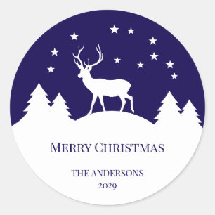 Deer Christmas Blue White Stag in Winter Elegant  Classic Round Sticker