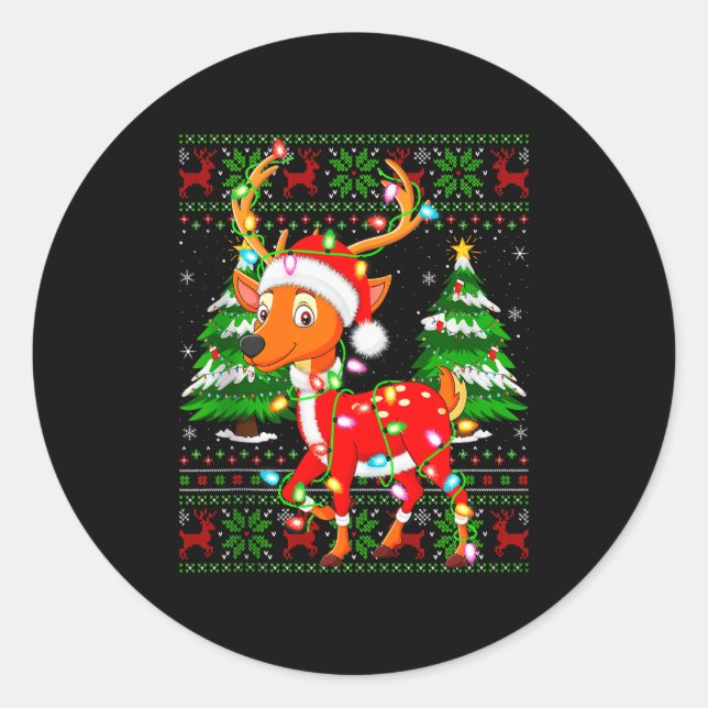 Deer Christmas Lights Santa Costume Ugly Xmas Swea Classic Round Sticker (Front)