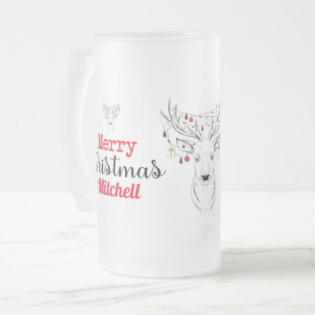 Deer Christmas Personalised Frosted Glass Beer Mug (Front Left)